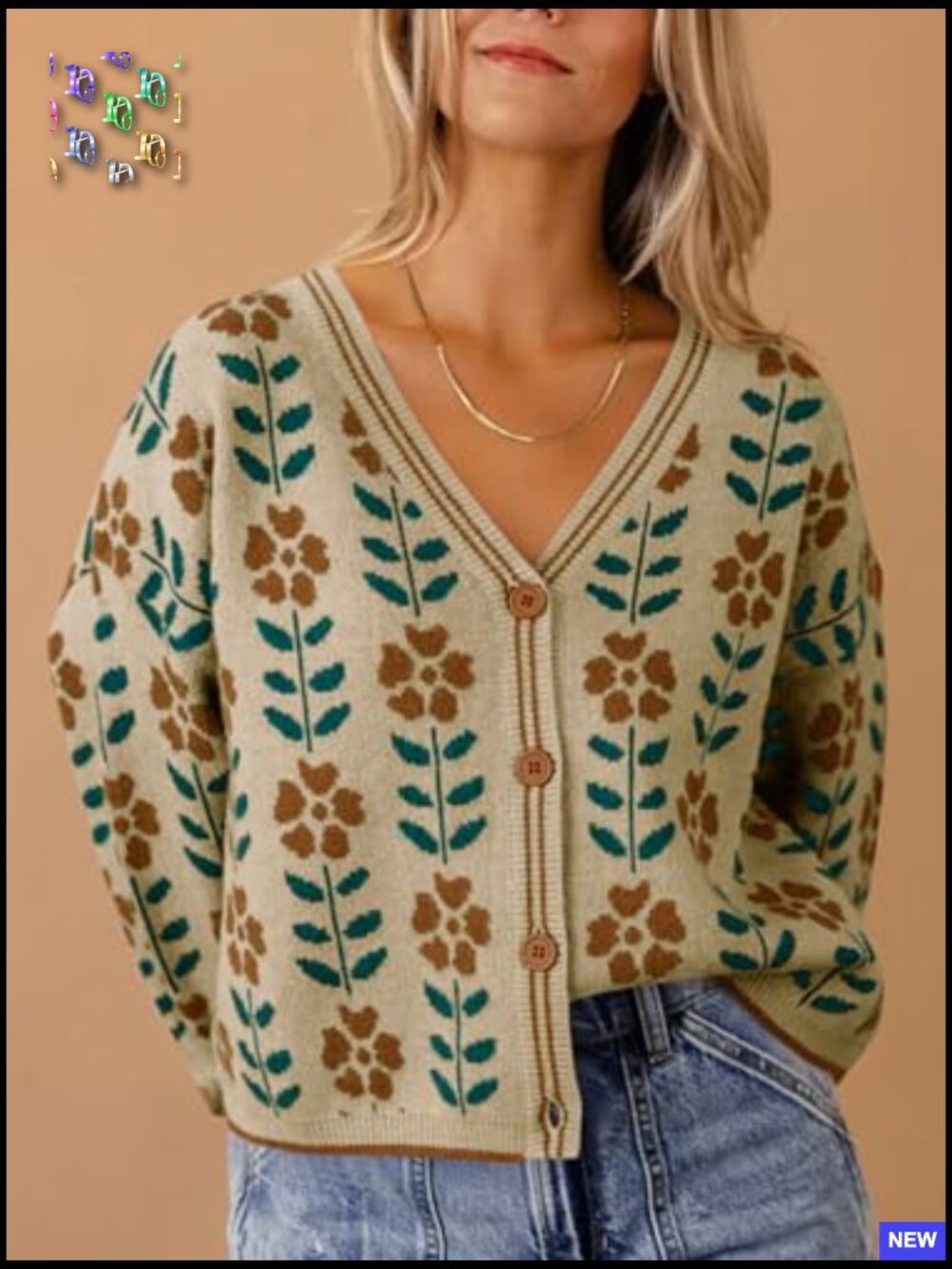 Floral Print V-Neck Cardigan Button Down Knit Sweater Loose Fit Long Sleeve - Picture 2 of 7